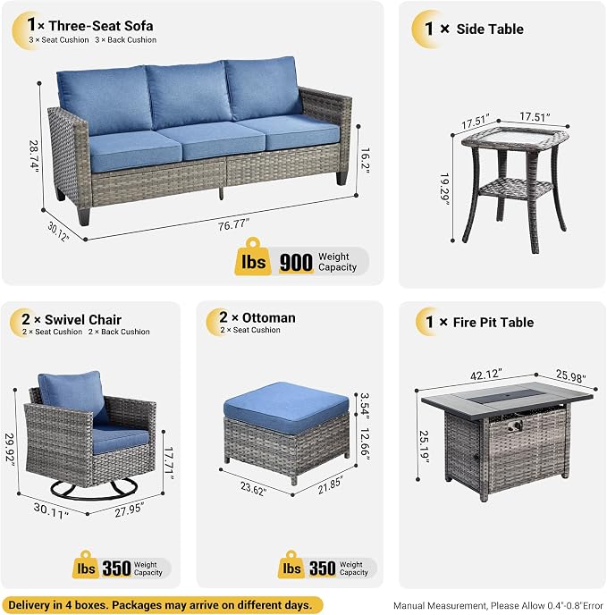 ovios 7 Pieces Patio Furniture Set with Rectangular Fire Pit Table, Swivel Rocking Chairs, Outdoor High Back Wicker Rattan Conversation Set for Deck Porch, Denim Blue
