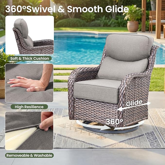 Luxury Patio Furniture Set with 6-inch Thick Cushion, Outdoor Furniture with Fire Pit Table, Swivel Chairs, Sofa, Side Table, Ottomans, 9pcs Wicker Conversation Set for Deck Yard and Poolside(Grey)