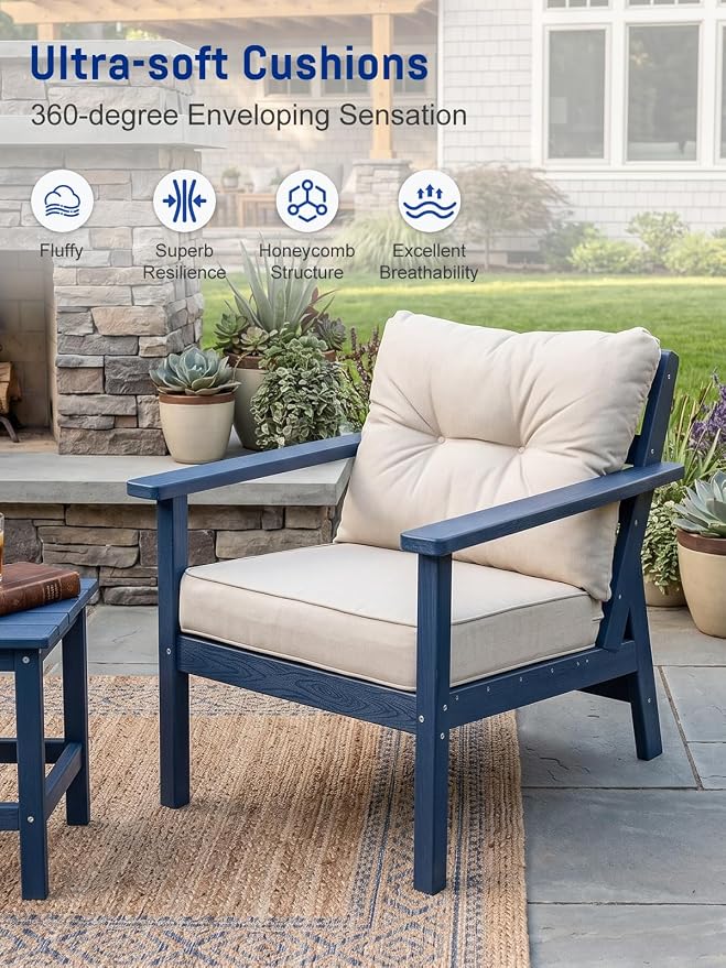 2 Seat HDPE Patio Loveseat, Outdoor Conversation Bench, Patio Furniture | Water-Resistant Thick Cushion, HDPE All Weather, Wood-Grain, No Rot or Rust or Crack, UV Fade Shield, Easy-Clean for Outside