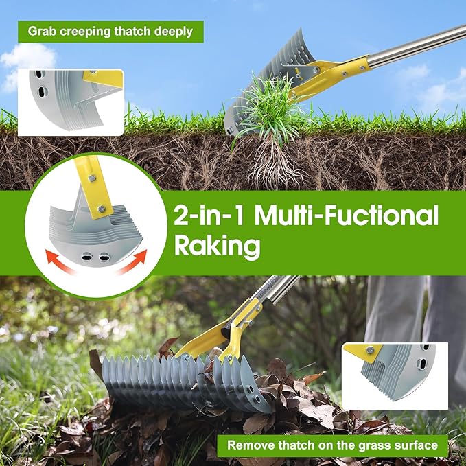 2-in-1 Thatch Rake for Lawn 70" Long Stainless Steel Thatching Rake with Sharp Dethatching Blade Manual Dethatcher & Scarifier Tool for Dead Grass Removal,Soil Loosening Garden Yard Lawn Care
