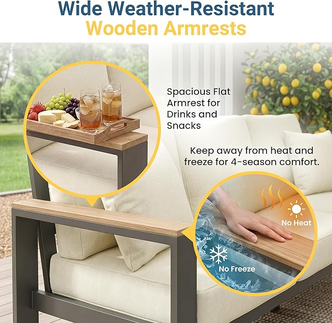 RoyalCraft Aluminum Outdoor Patio Furniture Set with Height-Adjustable Footrest, 3-Seats All-Weather Patio Sofa Sets with Coffee Table for Porch Backyard Garden Patio, Beige