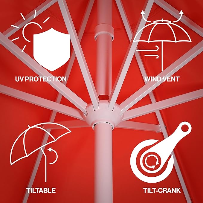 JONATHAN Y Tracy 9 ft. Outdoor Patio Umbrella with Scalloped Edge, Coastal Market Table Umbrella with Crank Lift and Tilt, 8 Sturdy Ribs UV Resistant for Pool, Coral Red, White Pole UMB1002F