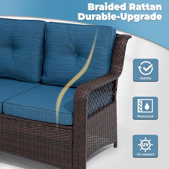 6 Pieces Wicker Patio Furniture Set Conversations Sets, 2 Outdoor 360° Swivel Chairs, Patio Swivel Chair with Table and Ottoman for Garden, Poolside, Backyard (Peacock Blue)