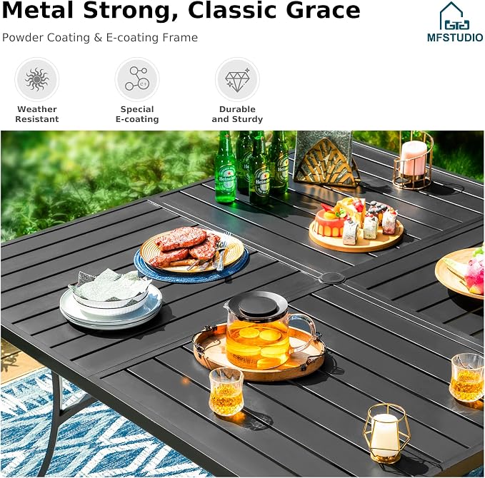MFSTUDIO 9 Piece Outdoor Dining Set for 8, Square Metal Dining Table & Cushioned Rattan Chairs, Patio Metal Dining Furiture Set for Patio, Deck, Yard