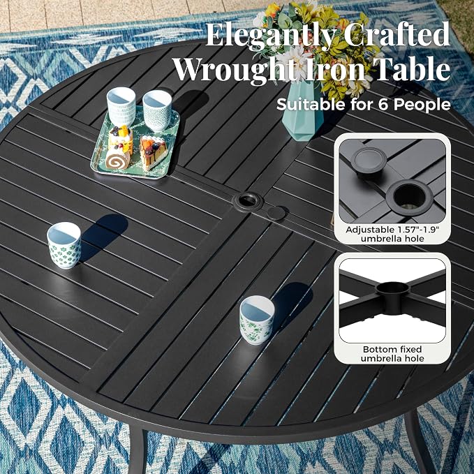 MIXPATIO Outdoor Patio Round Dining Table for 6, 54"x 54" Metal Round Table with Adjustable Umbrella Hole, All Weather Wrought Iron Black Outdoor Table for Deck Lawn Garden Backyard, Black