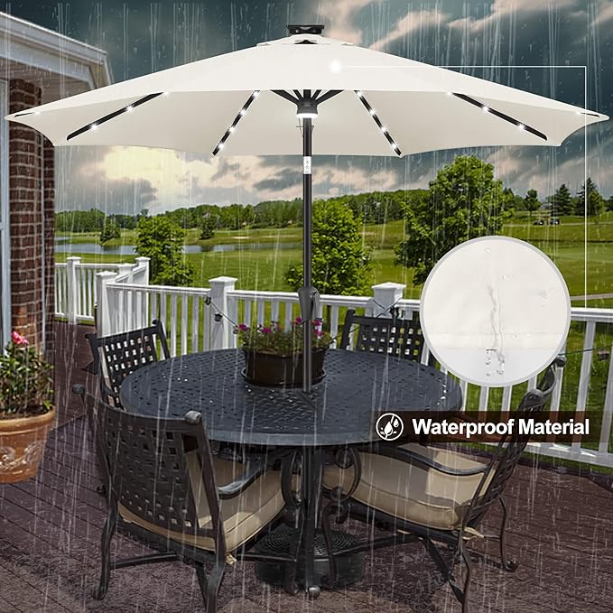 FLAME&SHADE 9 FT Outdoor Umbrella with 40LED Lights, Solar Light Patio Umbrella with Centre Surround Light, Table Market Umbrella Outdoor Patiofor Deck, Pool, Backyard, Garden (Ivory)