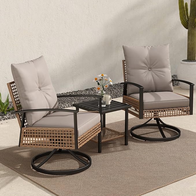 3 Pieces Patio Bistro Set, Outdoor Wicker Swivel Rocking Chairs with High Back, Rocking Patio Conversation Set with Table, Patio Swivel Glider Chair, Patio Furniture Sets, Off-White