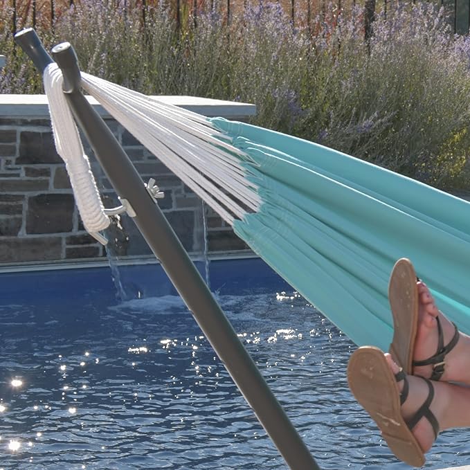Vivere Double Sunbrella Hammock, Weather-Ready Outdoor Lounger with Space-Saving Steel Stand and Carry Bag, 450 Lb Capacity, 9 Foot, Aruba