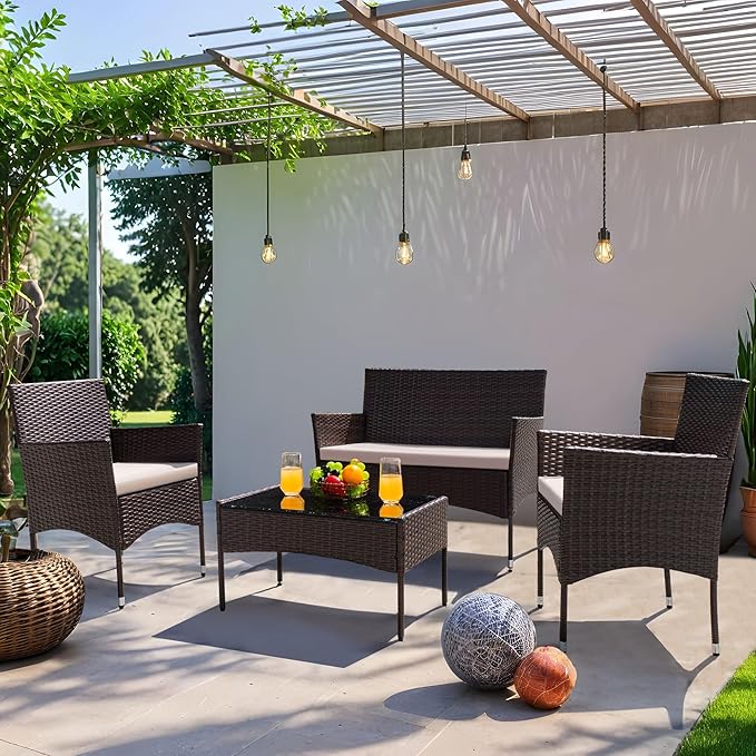 Greesum Patio Furniture 4 Pieces Conversation Sets Outdoor Wicker Rattan Chairs Garden Backyard Balcony Porch Poolside loveseat with Cushion and Glass Table, Brown and Beige