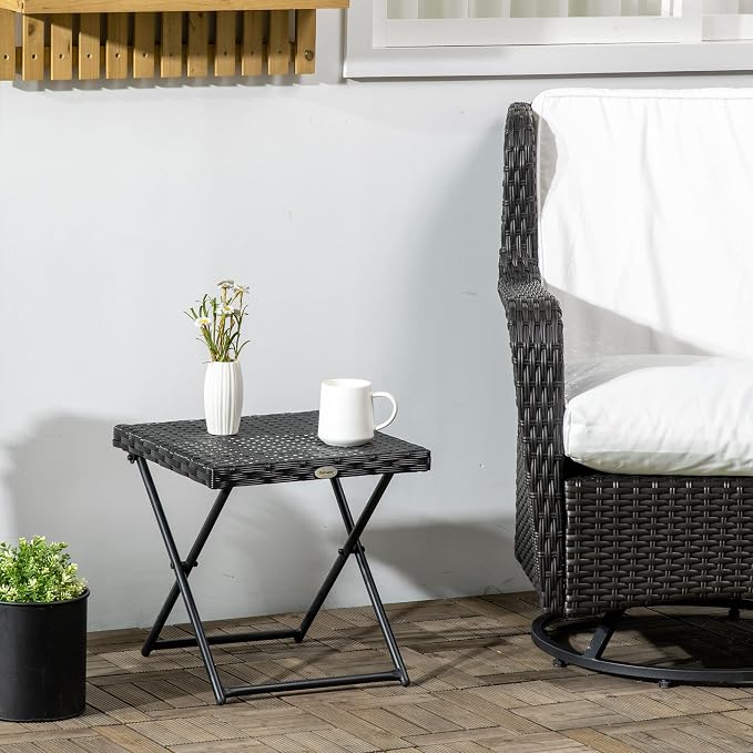 Outsunny Rattan Coffee Table Folding Patio Outdoor Side Table Wicker for Balcony, Porch, Poolside, 15.75"x15.75"x15.75", Black