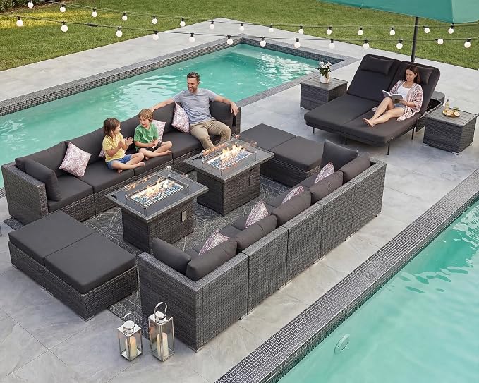 NICESOUL 20 Piece Outdoor Patio Furniture Set with Fire Pit, Large Size 16-Person Outdoor Sectional with Fire Pit & Chaise Lounge, 500 lbs Heavy Duty All-Weather Backyard Sitting Group, Charcoal Gray