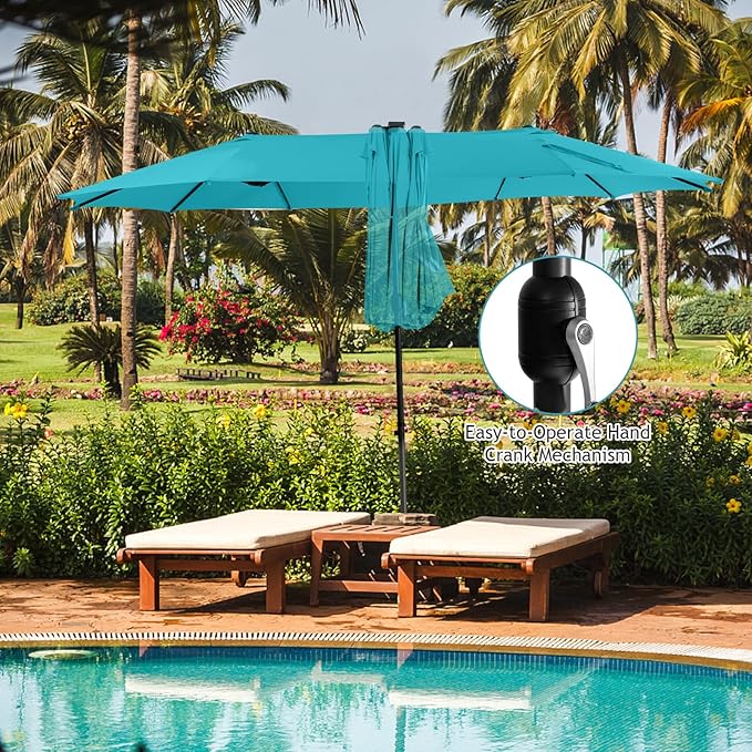 Giantex 15 FT Double Patio Umbrellas with 48 Solar LED Lights, Auto-Charging Panel, Crank System, Outdoor Extra-Large Rectangle Market Table Umbrella for Garden Deck Backyard Beach Pool