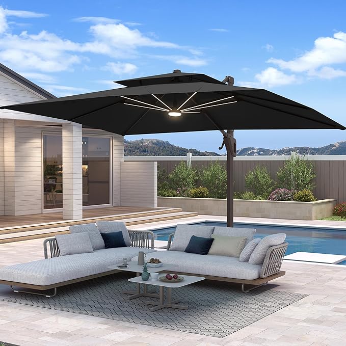 10 X 13 FT Cantilever Patio Umbrella with Led Lights Outdoor Rectangle Offset Large Double Top Heavy Duty Umbrellas with 360°Rotation for Pool Deck Backyard Garden, Black