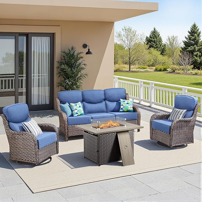 Luxury Patio Furniture Set with Fire Pit Table-4 Pieces High Back Wicker Swivel Rocker Chairs with 6" Extra Thick Cushions, Outdoor Patio Conversation Sets for Porch Deck(Brown/Blue)