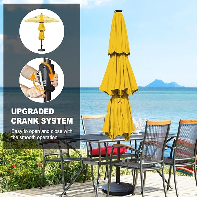 Eurmax USA 10-Year-Non-Fading 10FT 3-Tier Outdoor Patio Market Umbrella with LED Lights,UPF50+ UV Resistant,Commercial Grade,Crank Lift Design,Windproof Vented Top for Garden,Pool,Deck,Sunflower Yellow