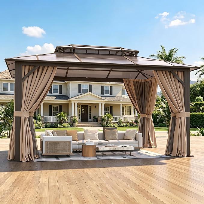 12’x16’ Hardtop Gazebo with Double Polycarbonate Roof Outdoor Metal Gazebo Sturdy Aluminum Frame & Removable Curtains, Netting Permanent Pavilion Pergola for Garden,Patio,Lawn(Brown)