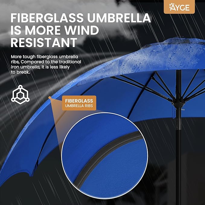 Ayge 7.5FT Large Outdoor Patio Umbrella Market Table Umbrella-UV Resistant, Easy Push Button Tilt and Crank, 6 Sturdy Fiberglass Ribs Heavy-Duty Pool Umbrella for Deck, Backyard,Garden, Yard,Blue