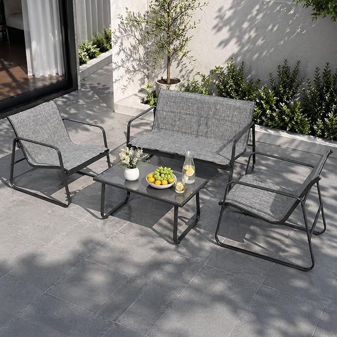 Kozyard Sofia 4-Piece Patio Conversation Set, Outdoor Furniture Set with Loveseat, 2 Chairs & Table, Breathable Textilene Seating, Powder-Coated Metal Frame, All-Weather for Balcony Backyard Gray