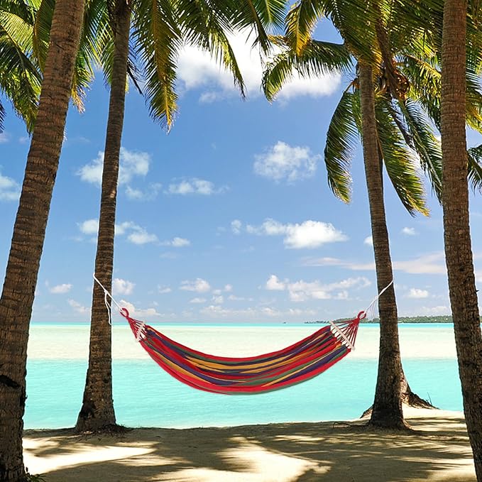 FRCOLOR Double Anti-roll Hanging Hammock, Camping Hiking Garden Outdoor Use, Wide Striped Canvas with Duckbill Buckle, Portable Travel and Backyard Patio Hammock