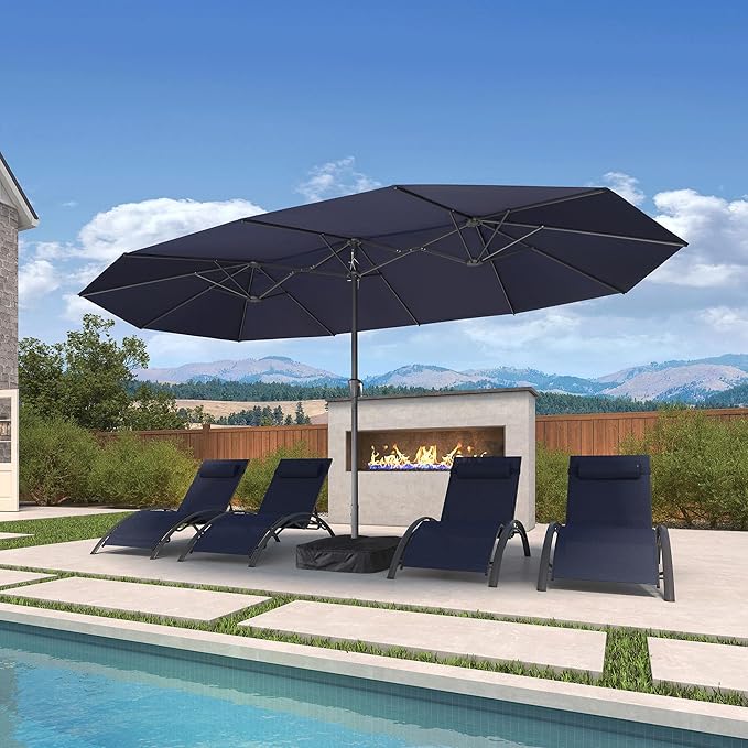 PURPLE LEAF 15ft Patio Umbrella with Base Included Double-Sided Rectangle Outdoor Umbrella Market Table Umbrella with Crank for Pool Garden Deck, Navy blue