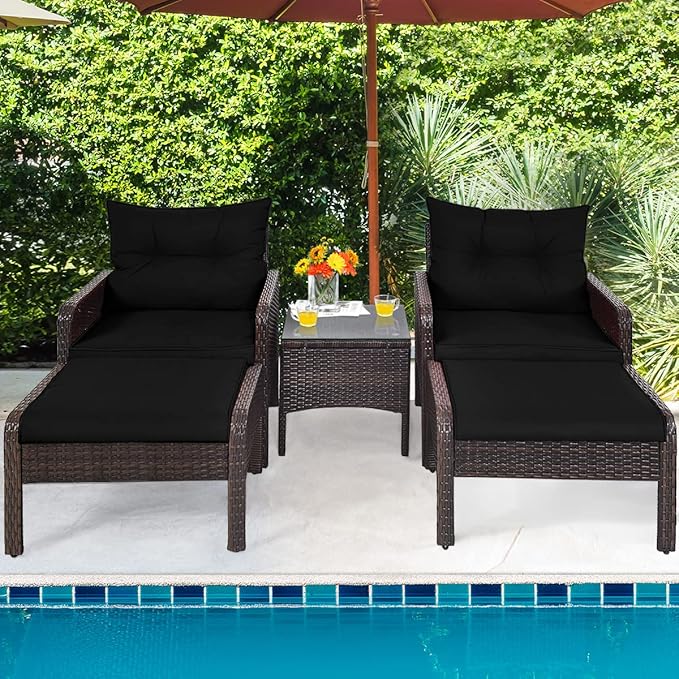 HAPPYGRILL 5 Pieces Patio Furniture Set Outdoor Rattan Wicker Conversation Set with Coffee Table Cushioned Sofas and Ottoman Chat Set for Garden Backyard