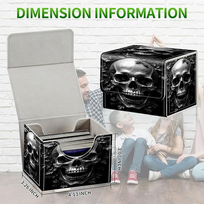 Card Deck Box for MTG, Cards Storage Box Fits 120+ Sleeved, Leather Small Size Strong Magnetic Closing Card Case for Board Games Magic TCG CCG Baseball Collection, Dark Skull