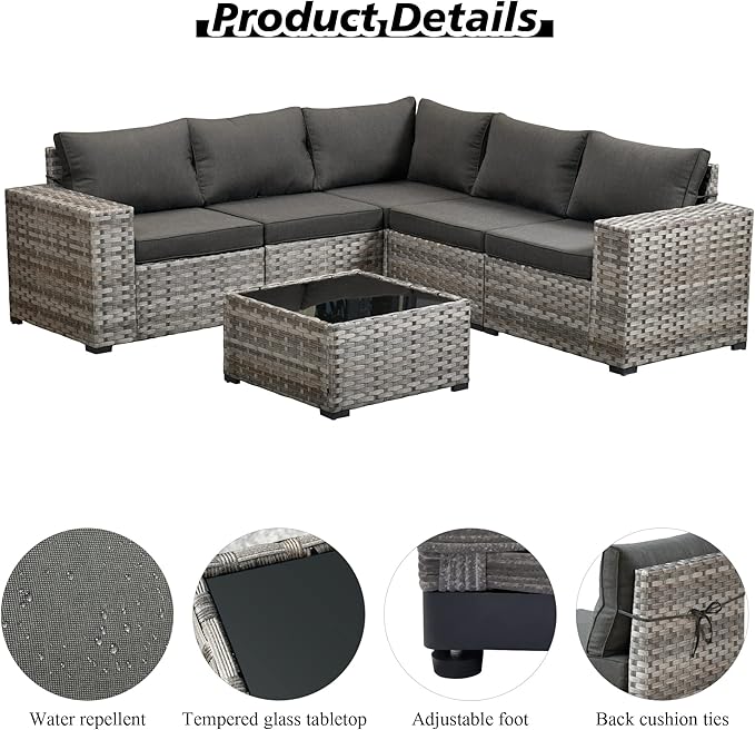 HOOOWOOO Outdoor Patio Sectional Furniture Sofa Set with Widened Armrest,6 Piece Small Modern Wicker Couch,Modular L Shaped Conversation Seating Set with Table for Out Door Garden Corner(Black)