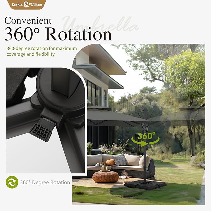 Sophia & William 12ft Cantilever Patio Umbrella with Base, Large Rectangular Umbrellas with 360-degree Rotation, Aluminum Pole for Garden Pool Backyard, Grey