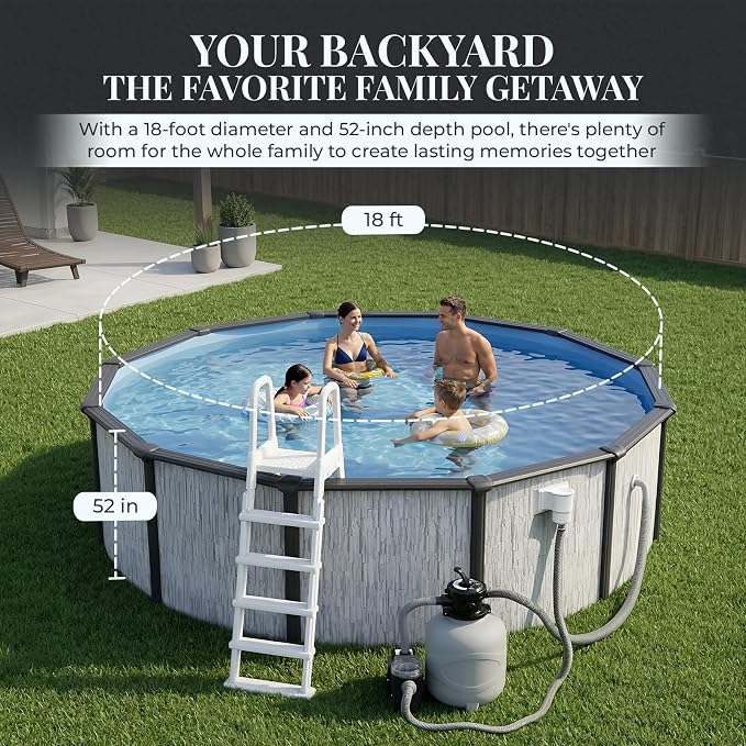 Blue Wave Sevilla 18-ft Round 52-in Deep Hard Sided Steel Frame Above Ground Pool with 6-in Steel Top Seats, 0.5 HP Sand Filter System, Ladder, Skimmer & Liner – 7,200-Gallon Capacity for Family Use