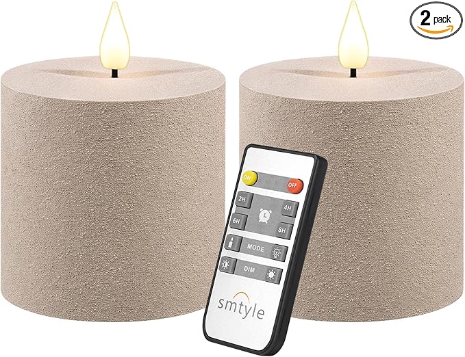 smtyle 3x3 inch Flicking Flameless Taupe Sand Finish Textured LED Pillar Fake Minimalist Battery Operated Candles with Remote for Living Room Bedroom Table Decor