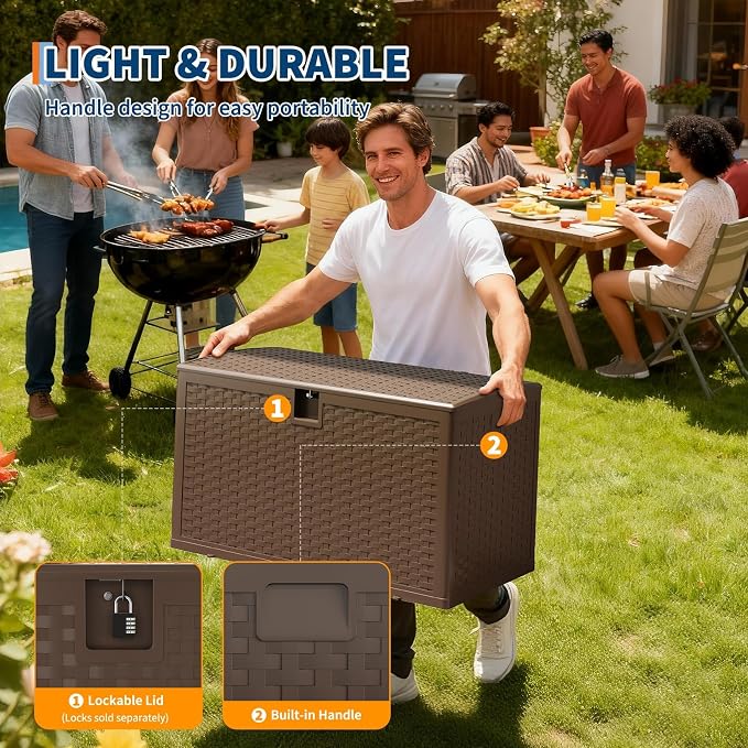 IDEALHOUSE 120 Gallon Resin Deck Box, Waterproof Outdoor Storage Box with Lockable Lid & UV Resistant, Patio Furniture Cushion Storage Container for Garden, Backyard, Poolside (Brown)