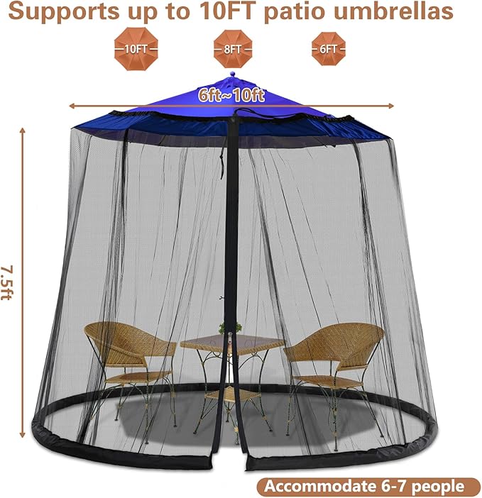 Patio Mosquito Netting - Mosquito net for Patio Garden and Outdoor Umbrellas with Adjustable Elastic Cord and Zipper Umbrella net