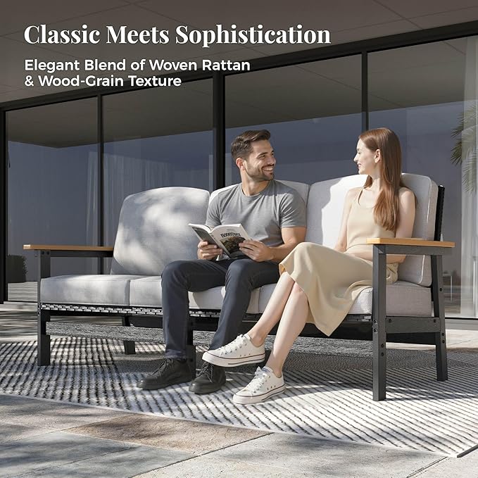 4-Piece HDPE Outdoor Patio Conversation Set, All-Weather Wicker Patio Furniture Set, Waterproof & UV-Resistant, Thick Cushions for Backyard, Deck, Garden, Porch, Balcony - Beige