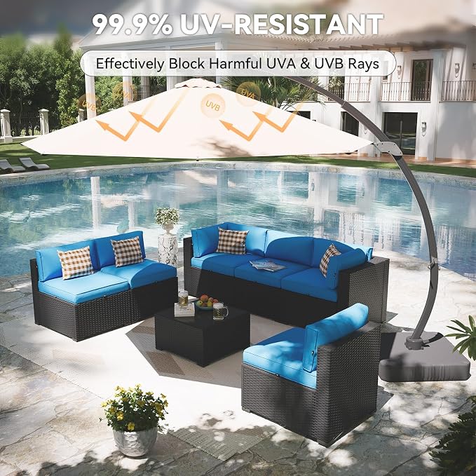 Aoxun Patio Furniture Set with Umbrella, 8 Piece Outdoor Sectional Sofas, Wicker Rattan Outdoor Furniture with Thickened Cushion for Backyard, Garden Peacock Blue