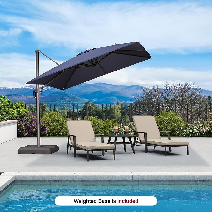 PURPLE LEAF 9' X 9' Patio Umbrella With Base Antique Bronze Square Cantilever Umbrella Outdoor with 360° Rotation and Aluminum Offset Hanging for Pool Deck Garden Backyard, Navy Blue