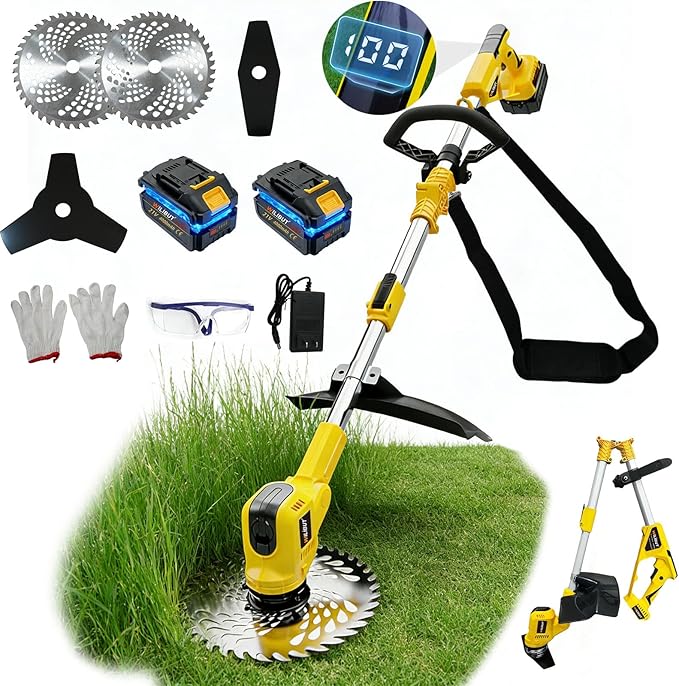 3-in-1 Cordless Weed Wacker, Grass Trimmer/Lawn Mower/Brush Cutter with LCD Display, (2 x 4.0Ah Batteries & Charger), Electric Weed Eater for Yard and Garden (900W Brushless Motor, 4 Blades)