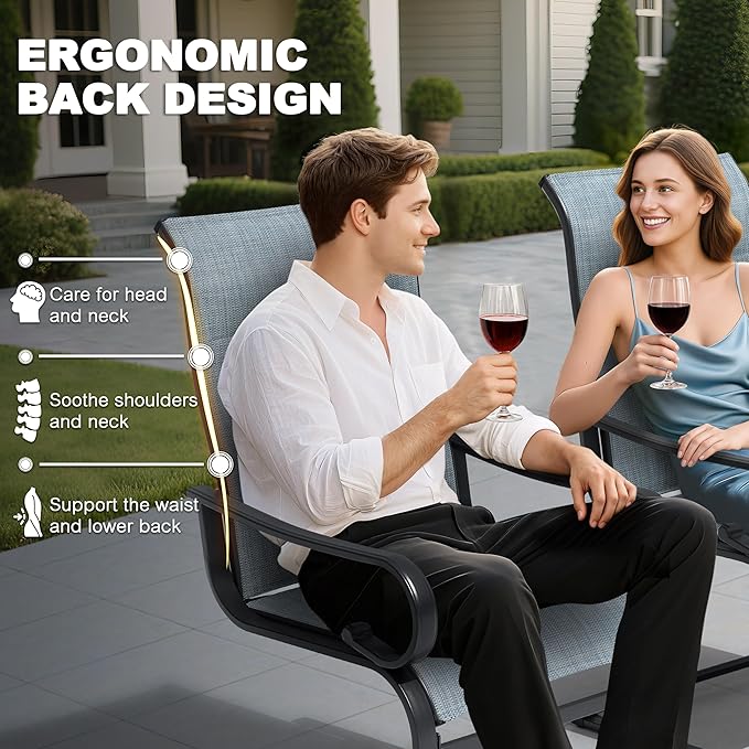 NUU GARDEN 7-Piece Outdoor Patio Dining Set with 6 Padded Textilene C-Spring Chairs and 61 x 37 Inch Table with 1.8 Inch Umbrella Hole for Patio Deck Garden Backyard Indoor Outdoor Use Black Blue