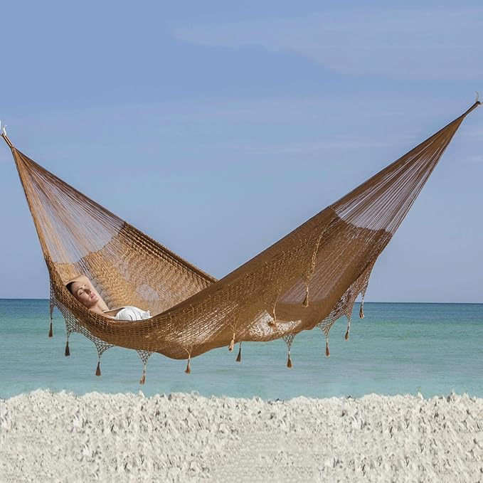 NOVICA Copper Brown Hand Woven Nylon Mayan 2 Person XL Rope Hammock with Crochet Fringe, 'Copper Filigree' (Double)