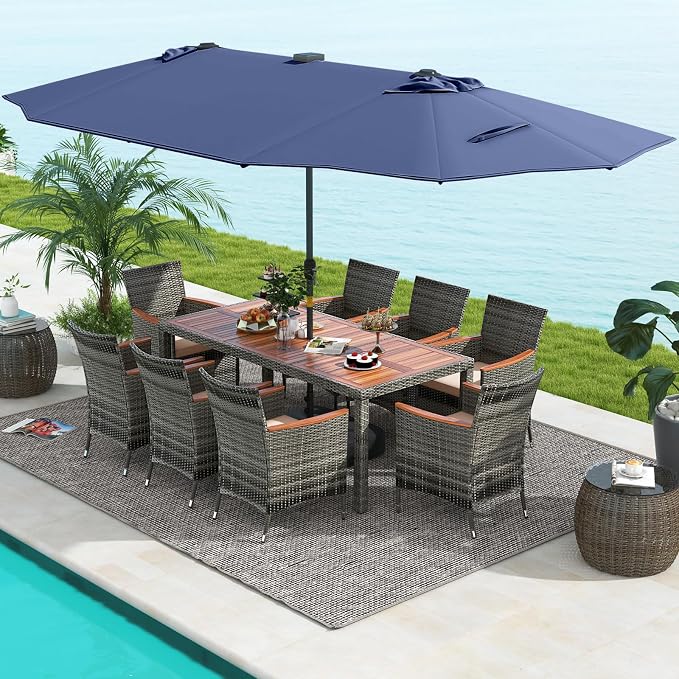 Tangkula 11 Pieces Patio Dining Set with 15 ft Double-Sided Patio LED Umbrella (Base Included), Outdoor Rattan Furniture Set with 8 Armchairs, 1 Rectangular Acacia Wood Dining Table (Navy)