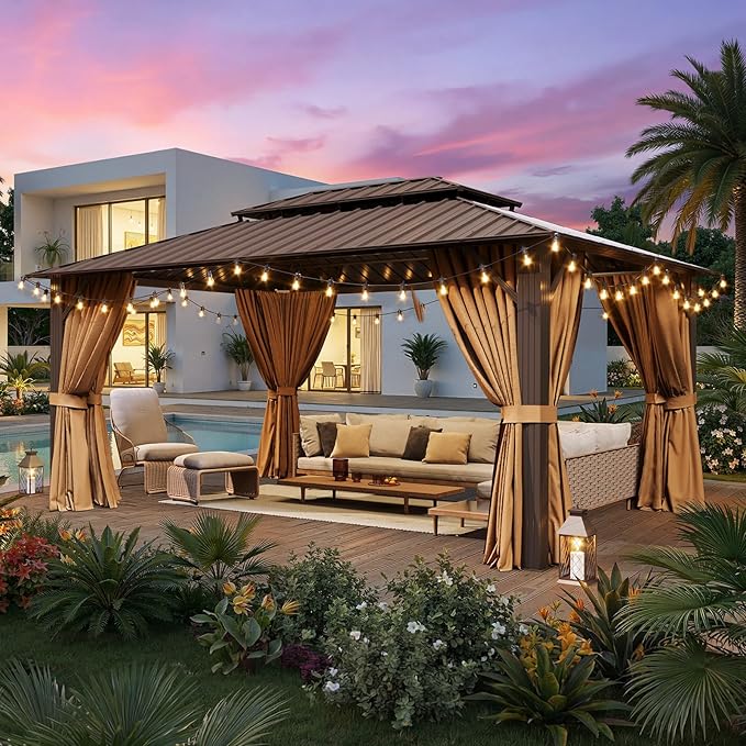 12x16FT Hardtop Gazebo, Metal Frame with Double Galvanized Steel Roof, Permanent Outdoor Pergola with Curtains and Netting Included for Backyard, Patio, Lawn and Garden, Brown