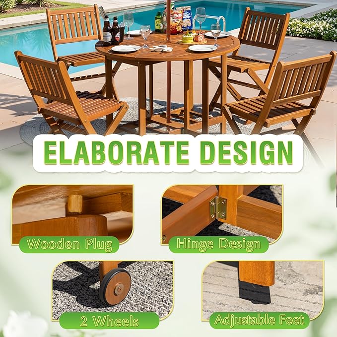 Greesum 5 Piece Patio Dining Set Outdoor Acacia Wood Furniture All-Weather Folding Round Table and Chairs for Backyard, Balcony, Porch, Deck, Garden, Light Brown