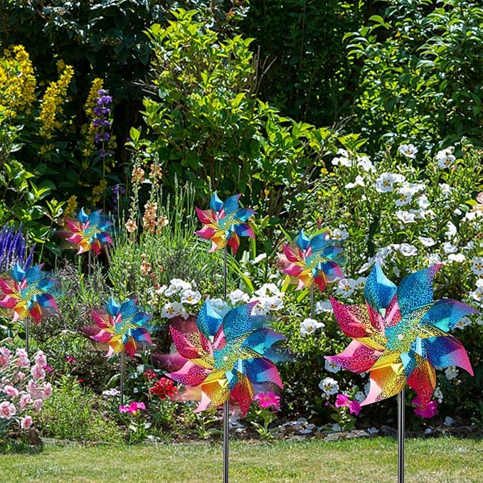 Hausse 10 Pack Reflective Pinwheels Wind Spinner (Assembly Required), Extra Sparkly Rainbow Pinwheel with Stakes, Bird Repellent Blinder Devices Scare Birds Away from Yard Patio Farm Garden, Colorful
