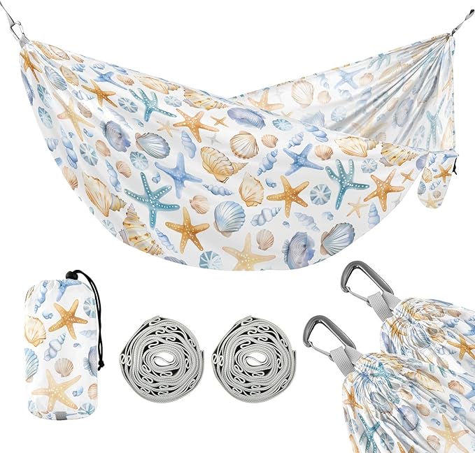 Camping Hammock Outdoor Hammocks for Outside Cute Seashells Starfish Beach Trees Portable Lightweight with Pockets Tree Straps Indoor