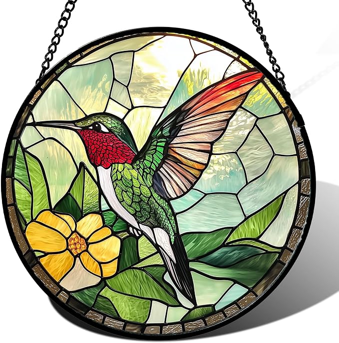 Stained Glass Window Hanging, Green Hummingbird Sun Catcher for Door Home Decor, Birds Suncatcher Christmas Mother's Day Birthday Gifts for Bird Lovers Women Men Mom and Nana 6.3 in