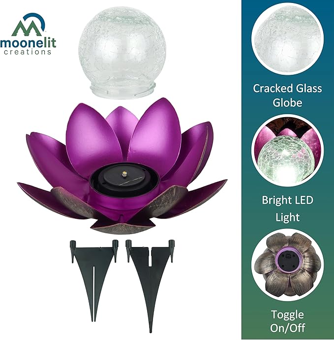 MCSLOTUS-V Violet Lotus Flower Solar LED Garden Light with Crackled Glass Globe – Waterproof Metal Outdoor Décor