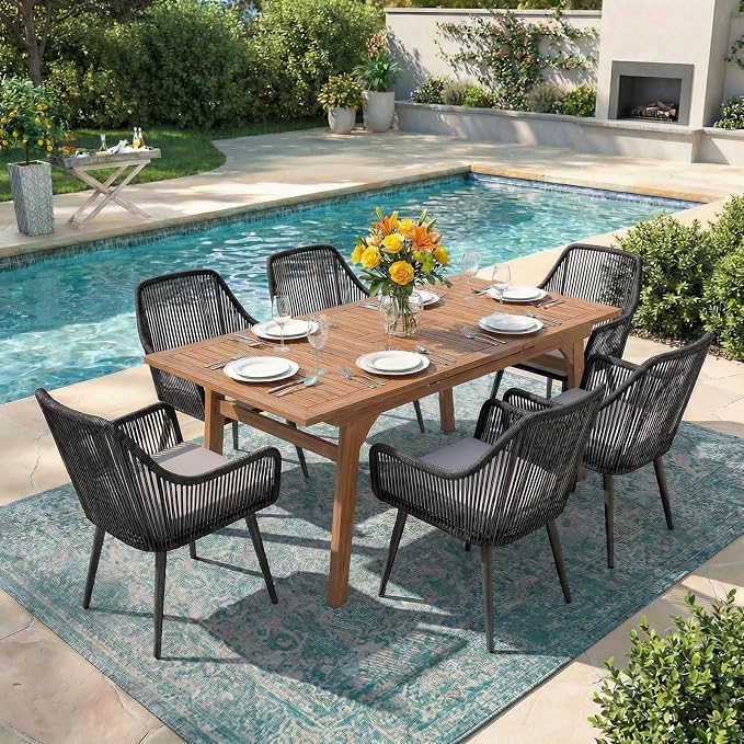Patiorama 7-Piece Outdoor Dining Set, Patio Wicker Dining Table Chair Set with 55"-71" Acacia Wood Expandable Table & Twisted Rattan Rope Chairs, All-Weather Dining Furniture Set for Yard Garden,Black