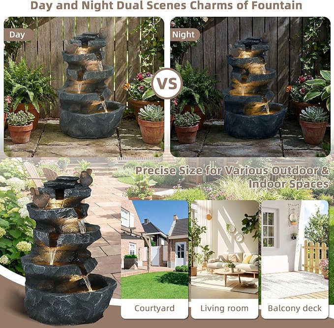 22.3" Tall Outdoor Rock Waterfall Fountain, 5-Tier Cascading Garden Water Feature with Bird Decor & LED Lights, Natural Stone Resin Fountain with Filter Cotton for Patio, Yard, Porch & Indoor