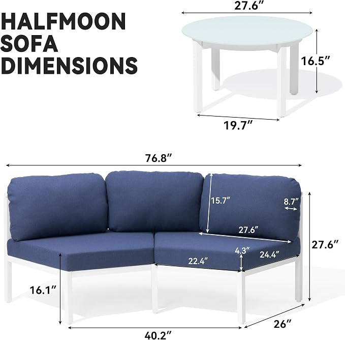 Crestlive Curved Patio Furniture Set, Modular Half Moon 8-Seater Sofa with Round Coffee Table, Aluminum Outdoor Sectional with 4.3" Cushions, All-Weather Couch for Backyard, Deck, Porch, Poolside