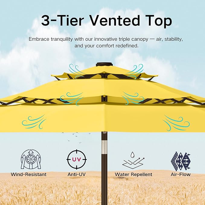 Kingdura 9ft 3-Tier Patio Umbrella with Solar Lights, Table Umbrella Outdoor Patio with Easy Crank & Tilt, 8 Sturdy Ribs, UV Protection, 32 LED Lights for Deck, Poolside, Market (Yellow)
