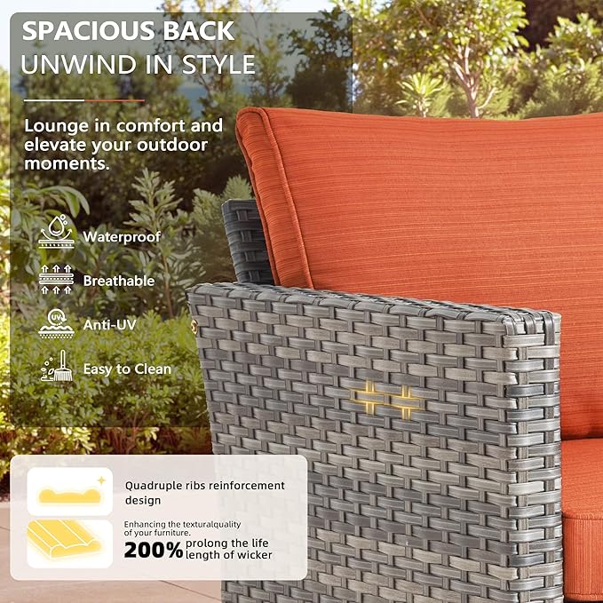 Patio Furniture, All Weather Wicker 6 PCS Outdoor Sofa with High Back Swivel Rocker Chairs, Conversation Set with Solar Light Coffee Table,Light Rattan Red Cushion